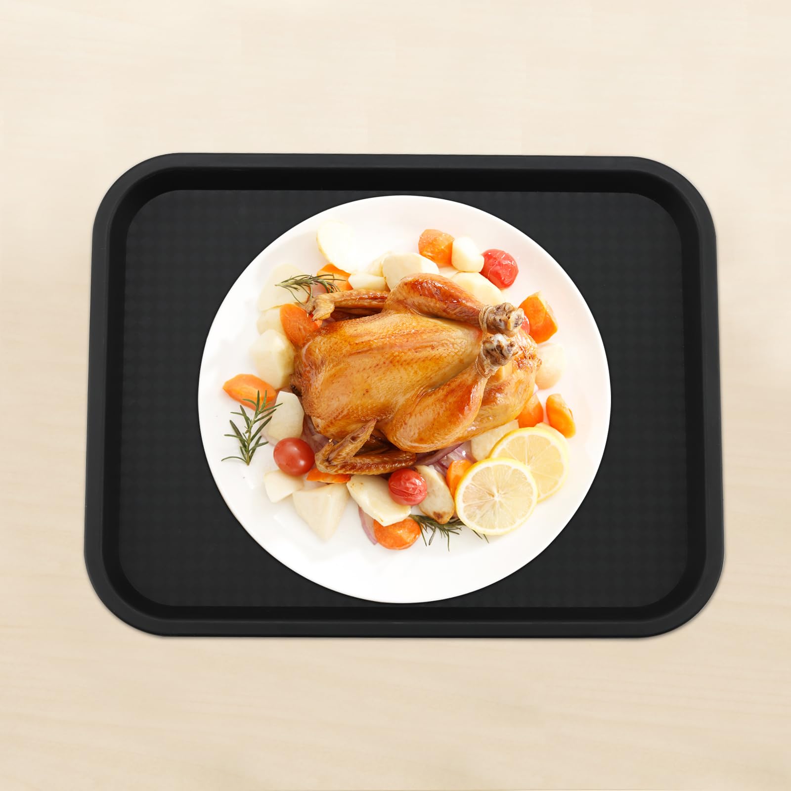 Paquete de 18 bandejas de plástico negro para comida rápida, 35 x 27 cm, bandeja grande de plástico para servir restaurante, cafetería, cocina, fiesta, cafeterías