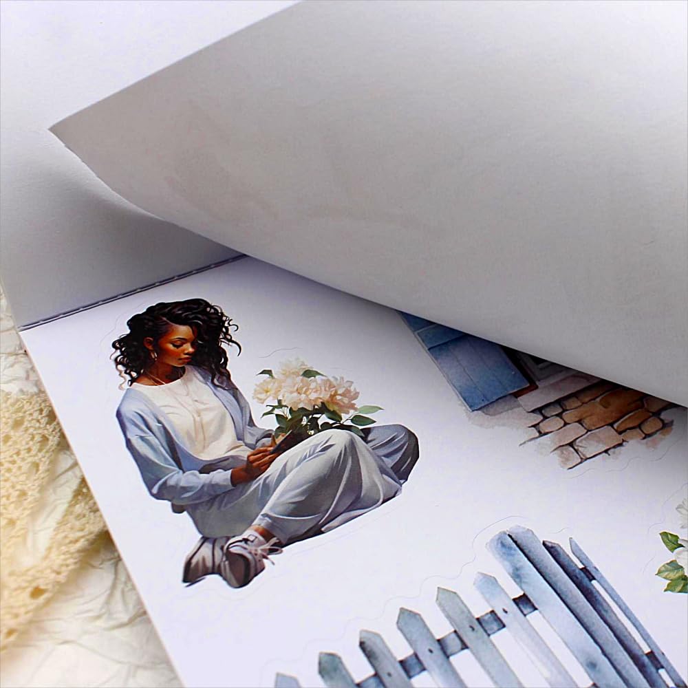 Dwpetzo Calcomanías para álbumes de recortes con temática floral de vida para mujeres afroamericanas, más de 200 calcomanías de diario para álbumes de recortes y diarios de viñetas, 20 hojas únicas de