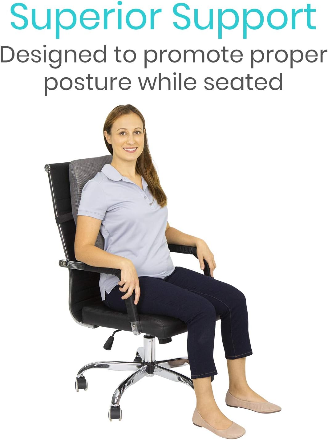 Vive Full Lumbar Cushion - Memory Foam Contour Support for Lower Back Pain - Ergonomic Pressure Relief for Office Chair, Car - Large Mesh Orthopedic Seat Backrest Roll for Improving Posture (Gray)