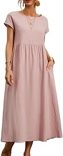 Women's Summer Cotton Short Sleeve Dress Pleated Crew Neck Loose Fit Casual Flowy Maxi Tunic Beach Dress with Pockets - Buy now