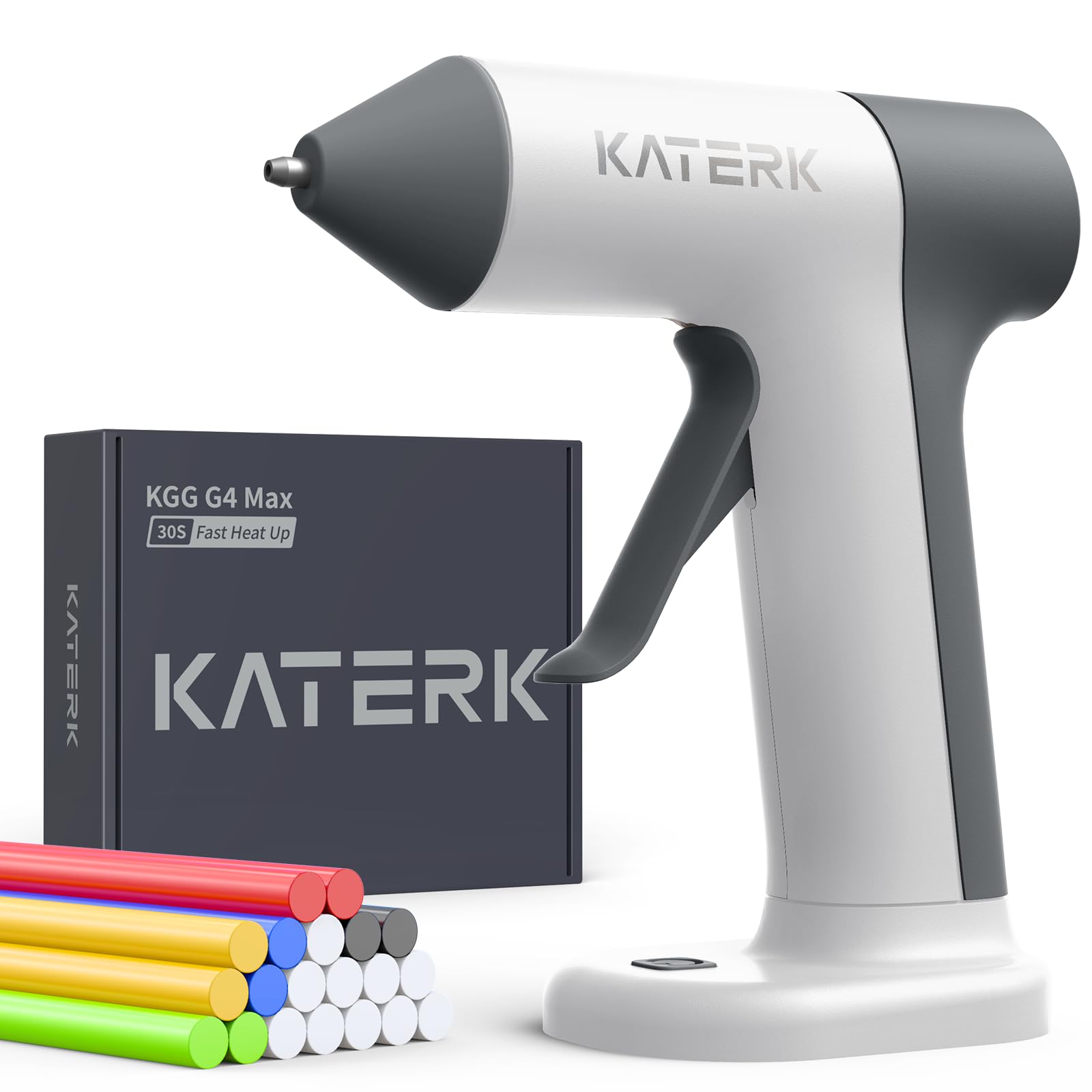 Katerk Pistola Silicona Caliente Inalambrica,2500mAH Pistola Pegamento Profesional con 20x7mm Barra de Pegamento,30S Calentamiento,Apagado Inteligente, Pistola Cola Quente Adecuada Uso Casero - Blanco