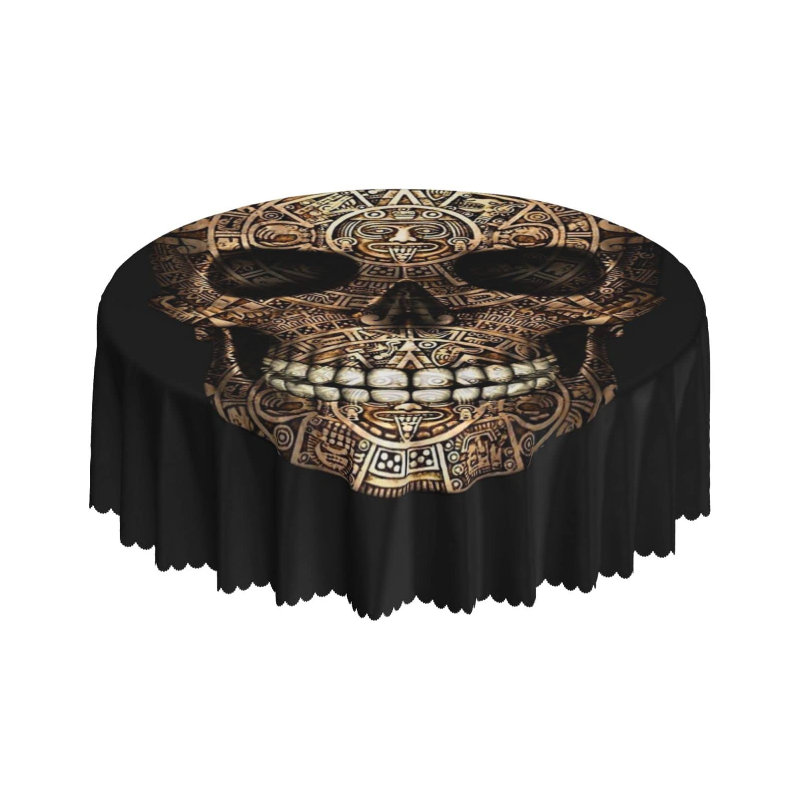 Lsjuee Mayan Symbol Skull Death Black Round Tablecloth 60 Inch Printed Washable Tablecloth for Dining Party Holiday Fall Home Decorative