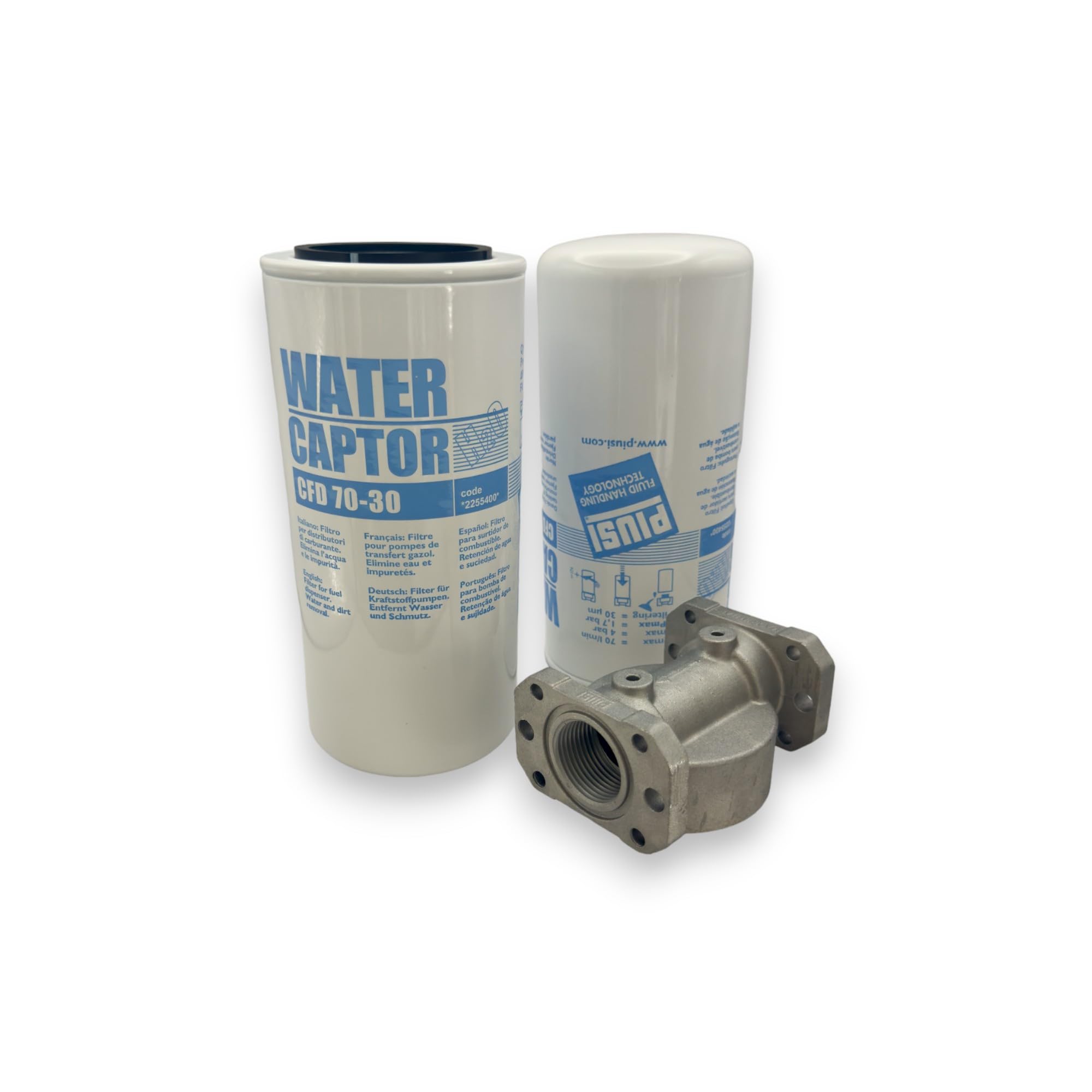 PIUSI Kit Filtro Carburante/Separatore d'acqua per cisterna Completo Supporto testa + 2x Cartucce, Portata 70 l/min, Filtrazione 30 micron | Water Captor F00611A0A
