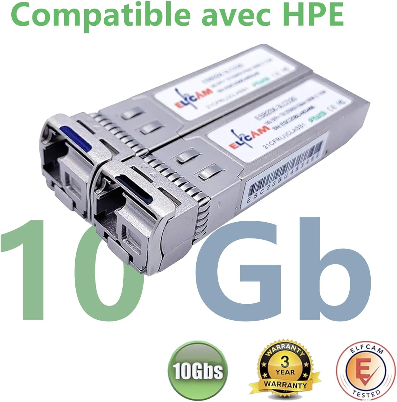 Elfcam® - 1 Pair 10Gbps SFP+ BiDi Fiber Transceiver Module, with Fiber Port LC Simplex Singlemode, Compatible with HPE(HP-Aruba), DDM 20km