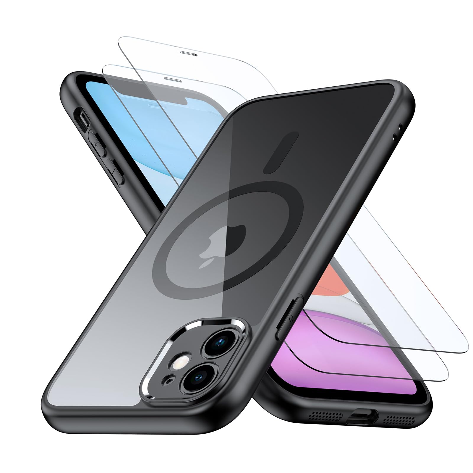 Bimanpap Cover Magnetica per iPhone 11，Comaptibile con Magsafe, [con 2 Pellicola Vetro Temperato] Custodia con Magneti, trasparente Posteriore Sottile Antiurto Protettiva Case (Nero)