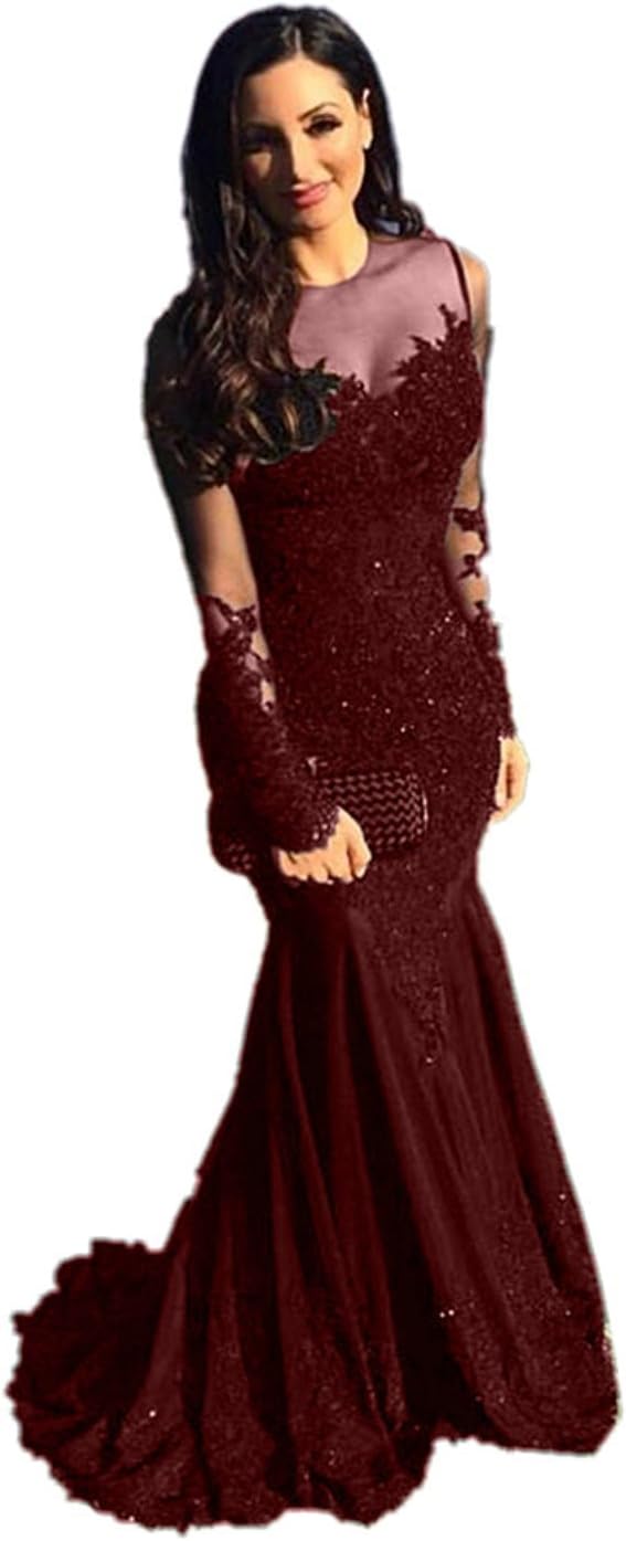LOKEY Women's Mermaid Beaded Sheer Long Sleeve Lace Applique Long Prom Dress Evening Gowns