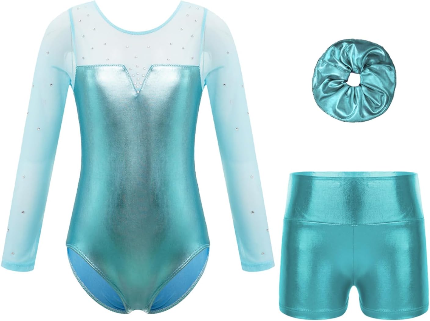 Linjinx Kids Girls Long Sleeve Gymnastics with Athletic Shorts Sets Shiny Diamond Dance Ballet Unitard Leotard Tracksuit