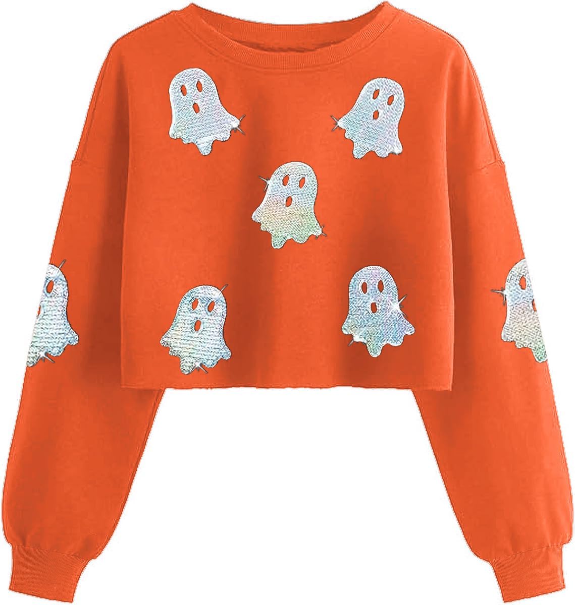 Fall Halloween Crop Sweatshirt for Women Retor Ghost Skull Lantern Long Sleeve Pullover Spooky Season Party Tops