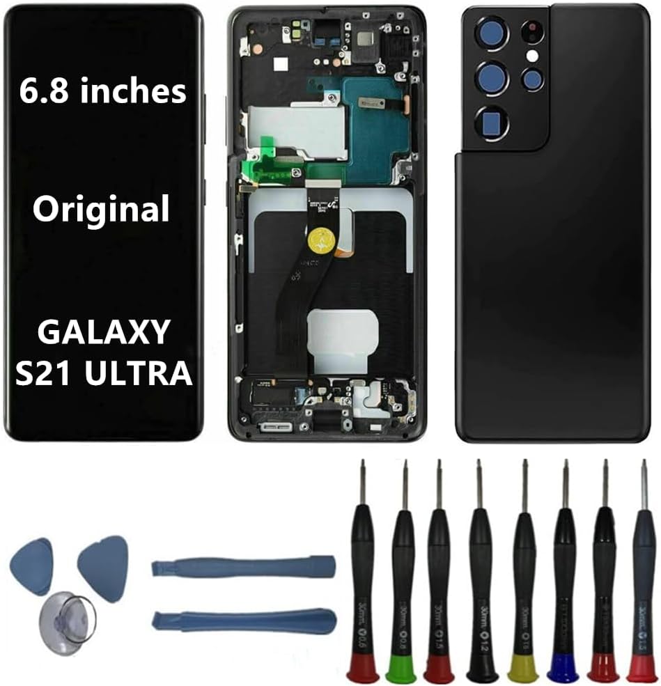 6.8"" Original AMOLED Display for Samsung Galaxy S21Ultra SM-G998U SM-G998U1 SM-G998W Screen Replacement S21 Ultra 5G Display Touch Screen Digitizer Assembly (with Black Frame+Back Cover+Tools)