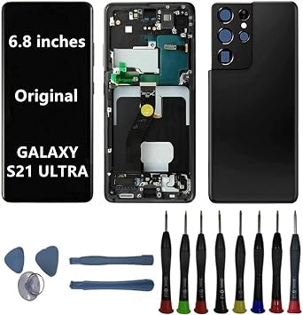 6.8"" Original AMOLED Display for Samsung Galaxy S21Ultra SM-G998U SM-G998U1 SM-G998W Screen Replacement S21 Ultra 5G Display Touch Screen Digitizer Assembly with Black Frame+Back Cover+Tools