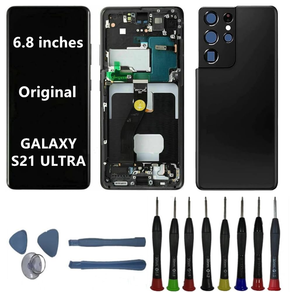6.8"" Original AMOLED Display for Samsung Galaxy S21Ultra SM-G998U SM-G998U1 SM-G998W Screen Replacement S21 Ultra 5G Display Touch Screen Digitizer Assembly (with Black Frame+Back Cover+Tools)
