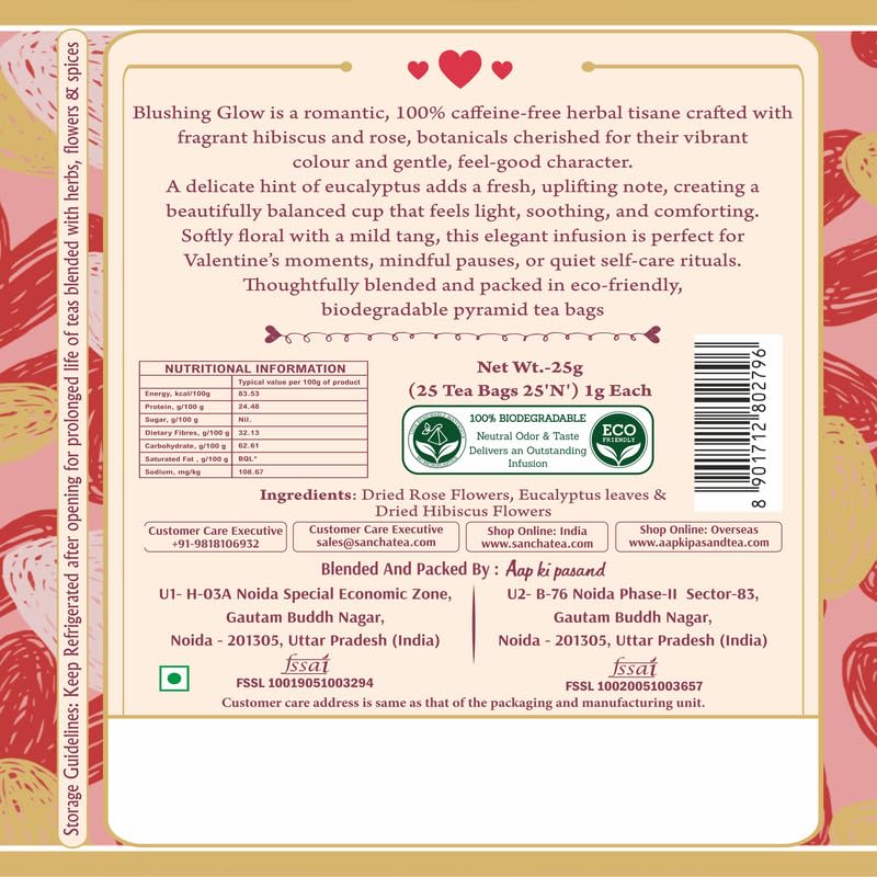 Image of Sancha Tea Boutique | Blushing Glow - Valentine's Herbal Tea | Rose, Hibiscus & Eucalyptus | 100% Caffeine-Free Floral Tisane | 25 Pyramid Bags