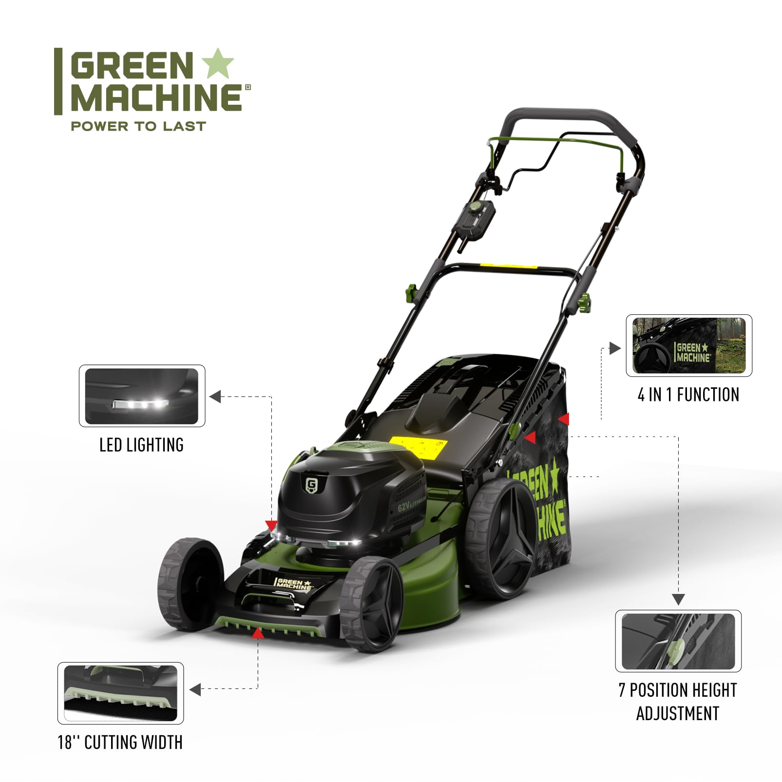 Green Machine Tagliaerba a Batteria, 62V 46cm 60L Autopropulso Deck in Acciaio Pieghevole con LED [SOLO STRUMENTO], Tagliaerba Elettrico Brushless SENZA Batteria e Caricabatterie