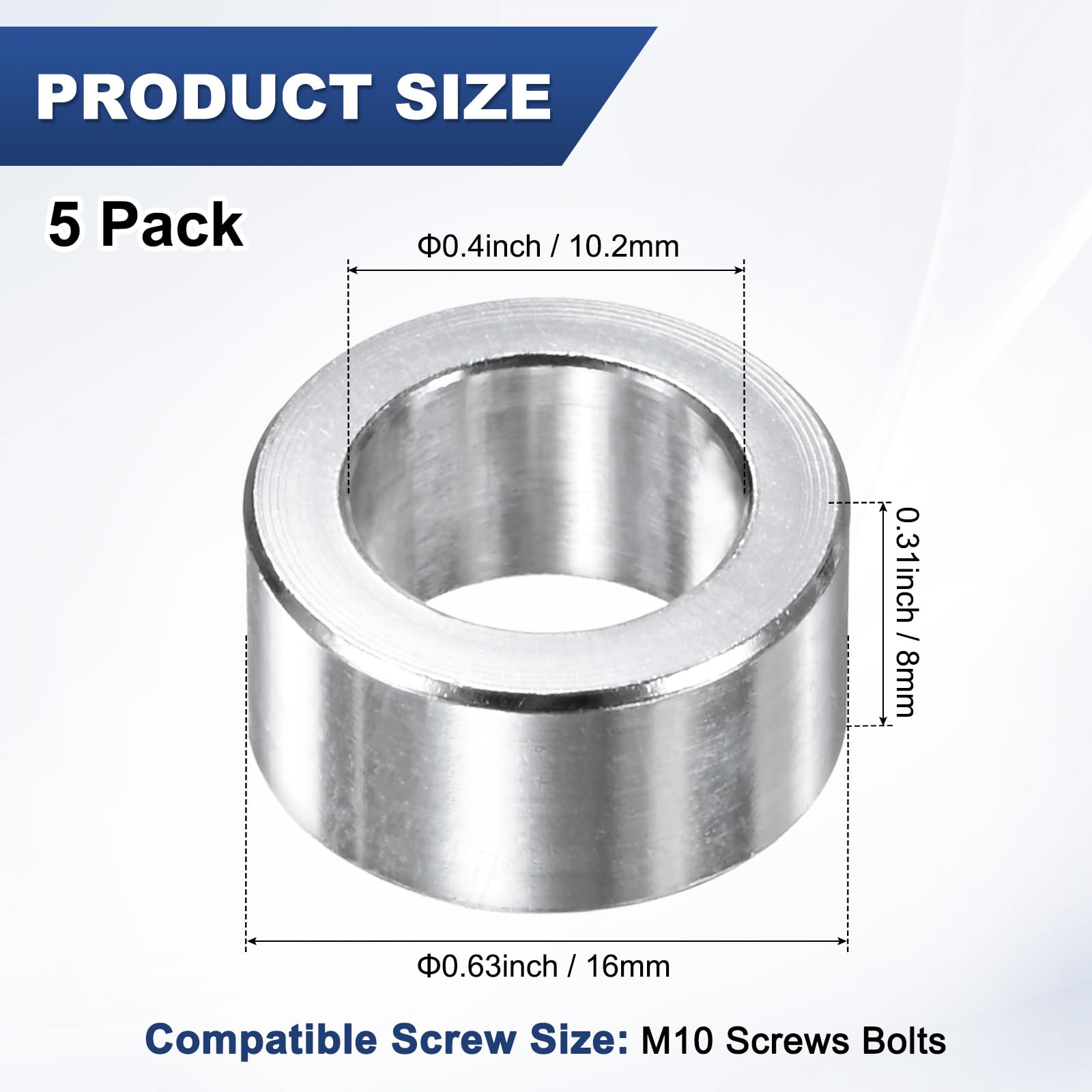 M METERXITY 5-Pack M10 Aluminum Spacers 10.2mm ID x 16mm OD x 8mm l Metal Screw Standoff Bushing Plain Finish Round Spacer Aluminum for Screws Bolts - Image 3