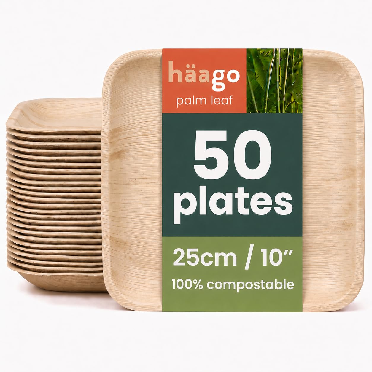HAAGO 50 Disposable Palm Leaf Plates 25cm (10") Square – Sturdy Wooden Plates for Hot & Cold Food - Microwave Safe Biodegradable Compostable - Rustic Bamboo-Look for Party, Picnic, BBQ & Wedding