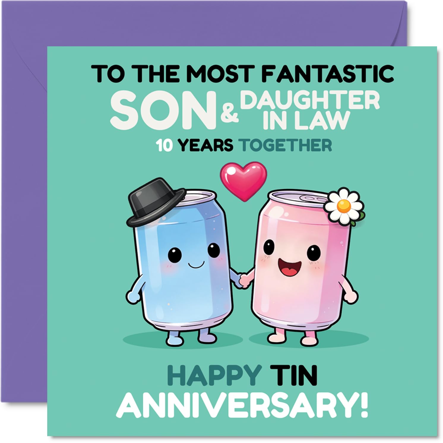 Playful 10th Anniversary Card for Son & Daughter in Law - Ten Years of Wedded Bliss - 145mm Square, Envelope Included