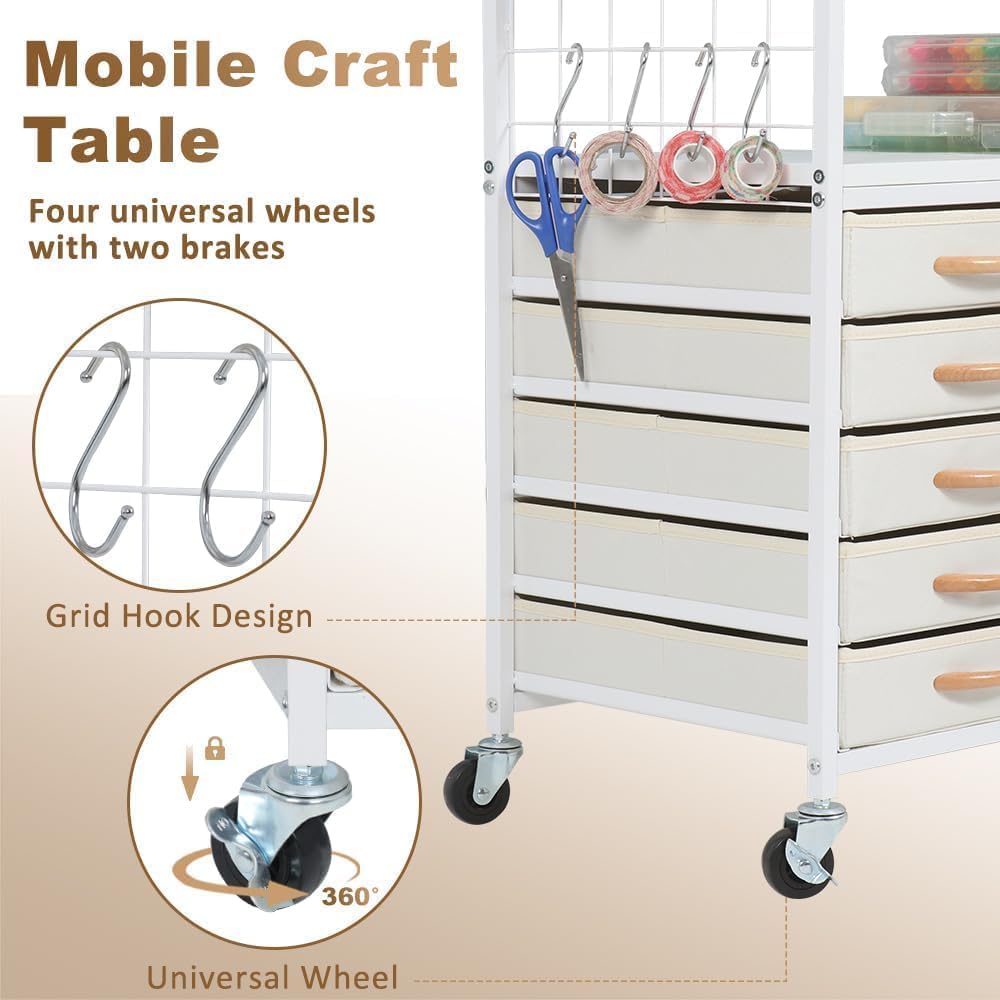 LUCKUP Organization and Storage Craft Table for Cricut Machines, Rolling Cart Cabinet with 28 Vinyl Roll Holders and 5 Drawers, Heat Press Stand Crafting Storage Cart with Hooks