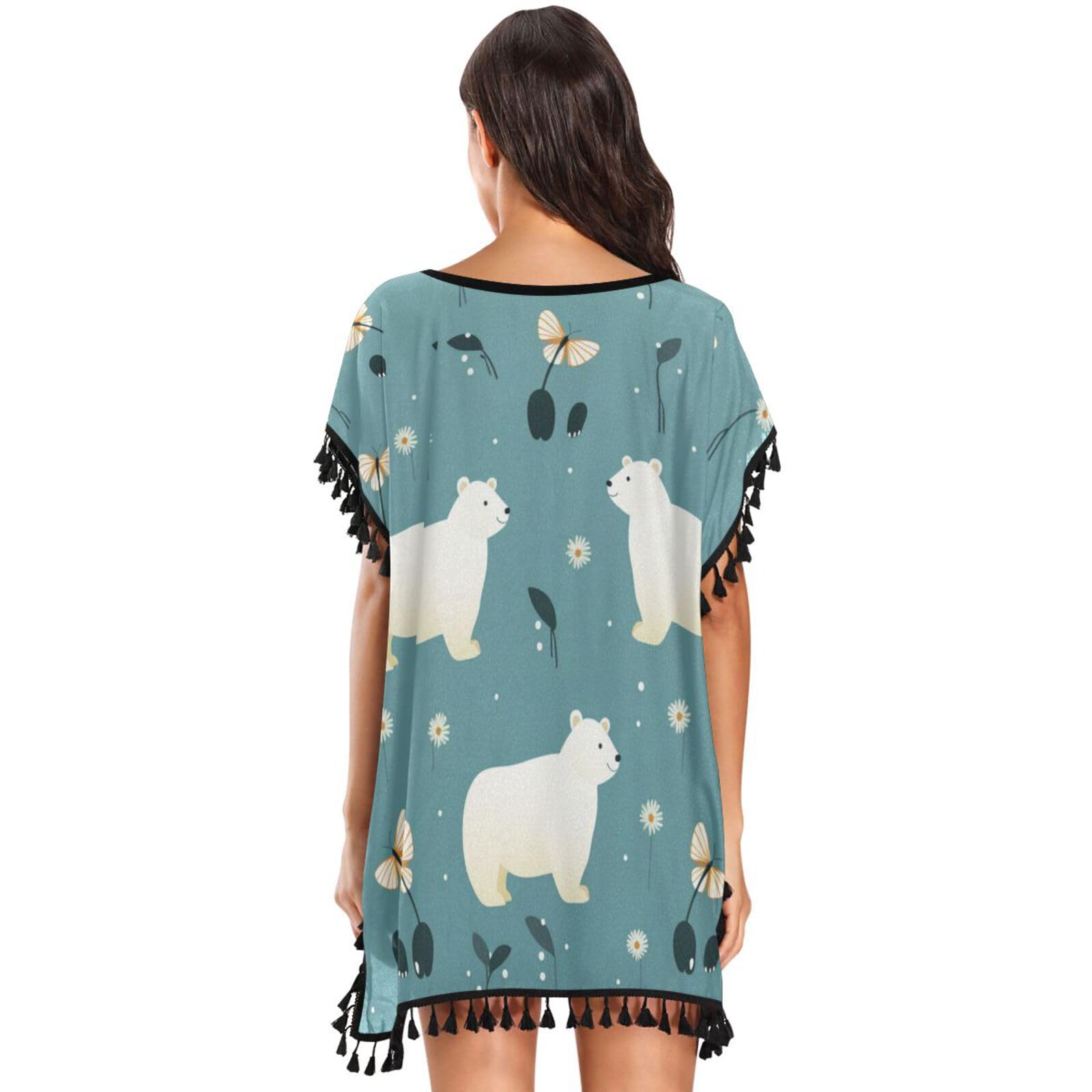 KAAVIYO Repeating Pattern White Bear Women's Beach Cover Up Chiffon Tassel Swimwear Swimsuit Coverups for Girl