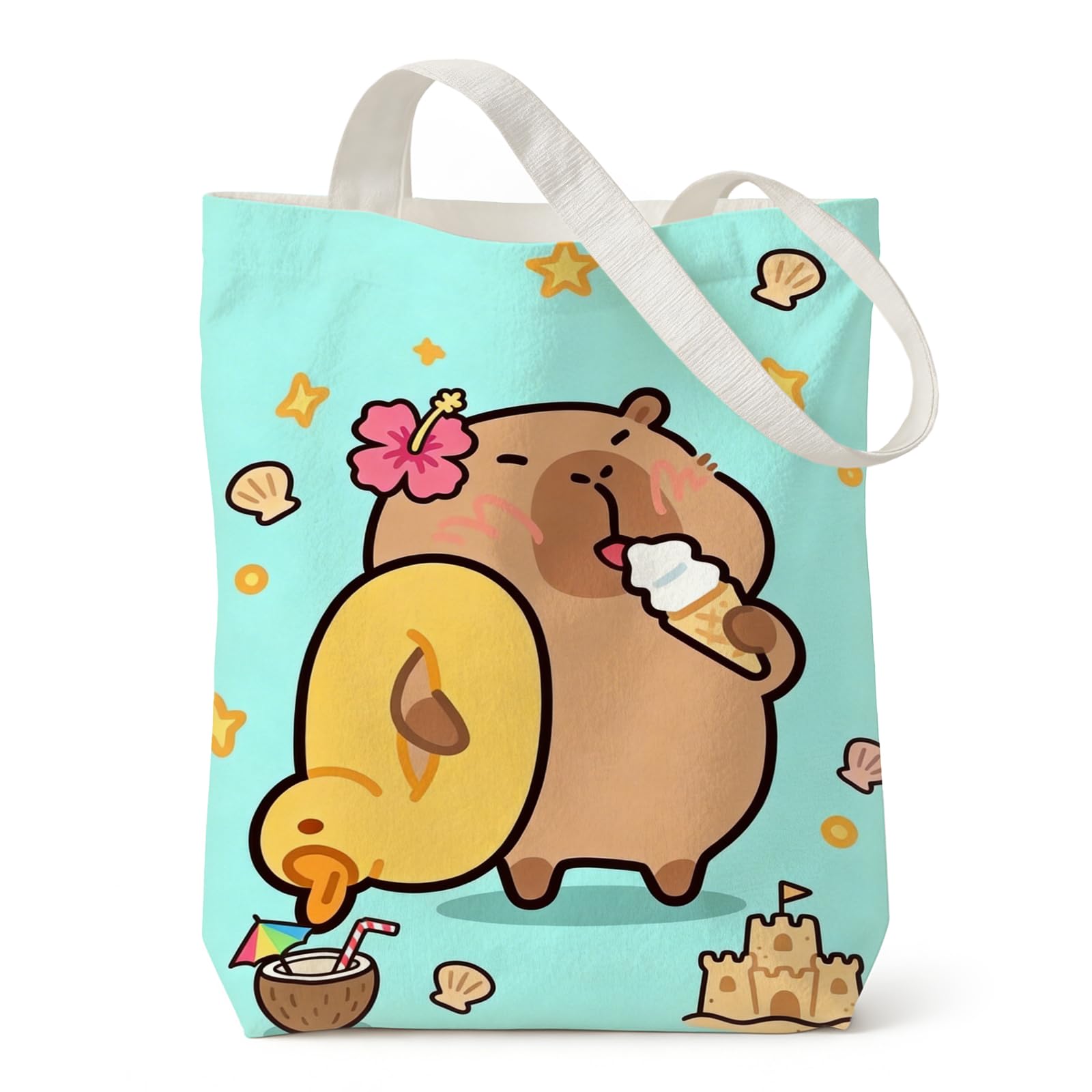 Capybara Tote Bags for Women, Summer Capybara Canvas Tote Bag, Cute Reusable Shopping Bag, Beach & Ice Cream Grocery Tote for Women, Capybara Gifts for Animal Lovers — image 1