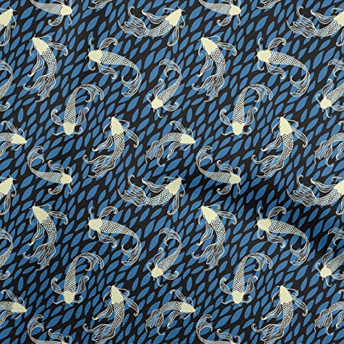 oneOone Cotton Jersey Medium Blue Fabric Asian Japanese Koi Fish Dress Material Fabric Print Fabric By The Yard 58 Inch Wide