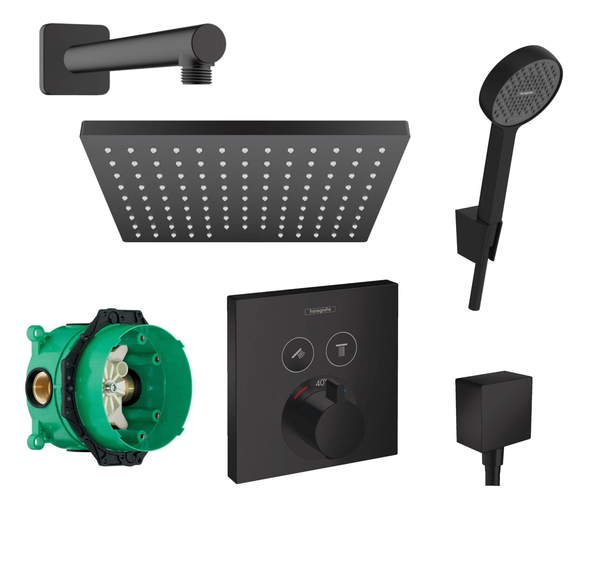Hansgrohe Duschsystem mit Unterputz Duscharmatur von Hansgrohe Regendusche mit Armatur, Duschkopf eckig, Wandarm Dusch-SET HGSK05 schwarz matt