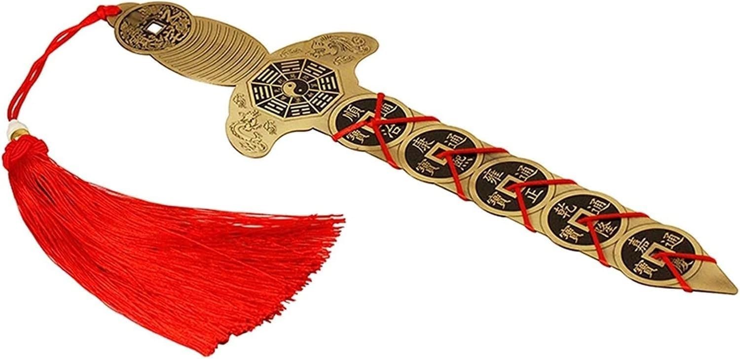 道教凹面八卦鏡 伝統的なミラー真鍮コイン剣リビングルームペンダント壁の