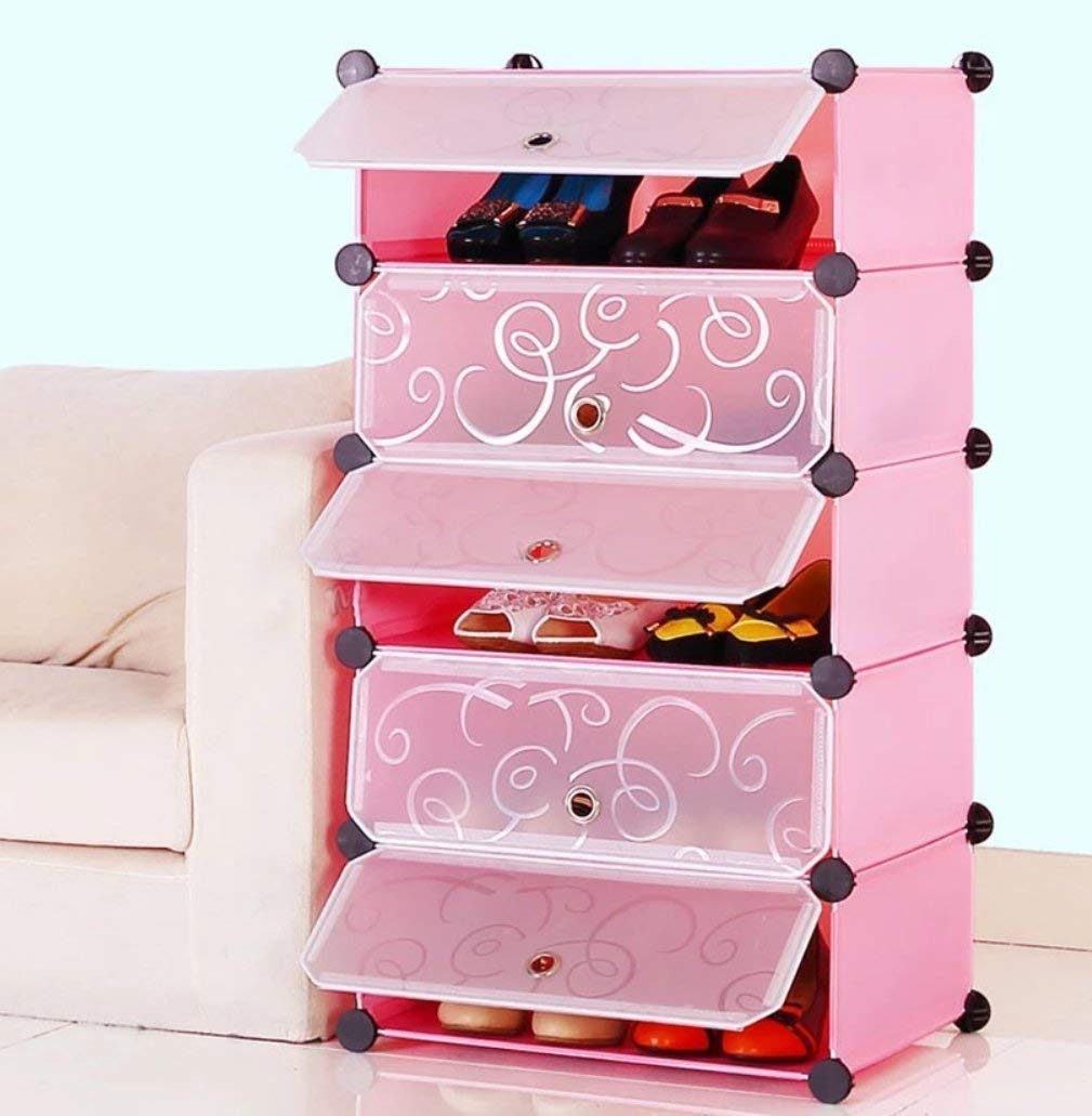 Styleys Plastic Shoe Rack with Cover for Home/Office Cube Organizer Wardrobe (5 Cube Pink)