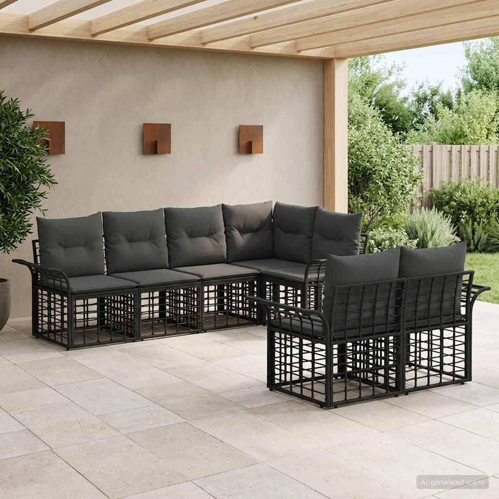 Ensemble de canapés d extérieur 7 pcs Noir Gris foncé Poly rotin thermolaqué Acier modulable pour Jardin terrasse Balcon Patio Coin détente