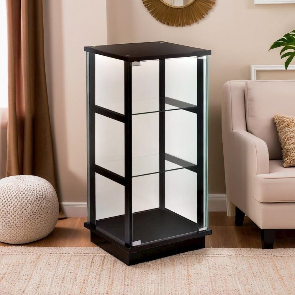 Elegant Black Glass Curio Cabinet by FurniFact with Reversible Door and Three Shelves