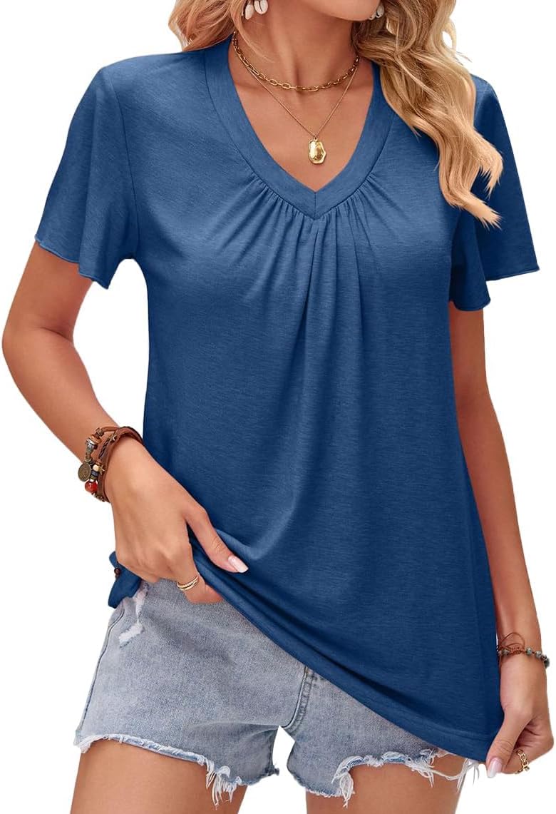 ABYOXIWomen's Pleated Front V-Neck Tee Casual Summer Ruffle Short Sleeve T Shirts Loose Tunic Top