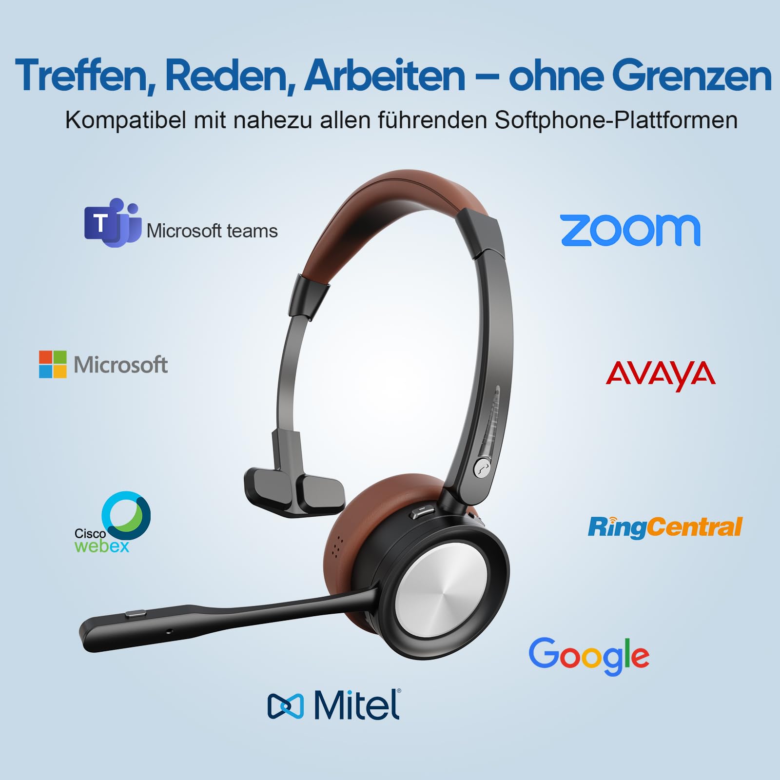 Bluetooth Headset mit Mikrofon für PC, Kabelloses Headset mit Rauschunterdrückungs Mikrofon, USB-Dongle, Stummschalttaste für Arbeit, Büro, Callcenter, Teams