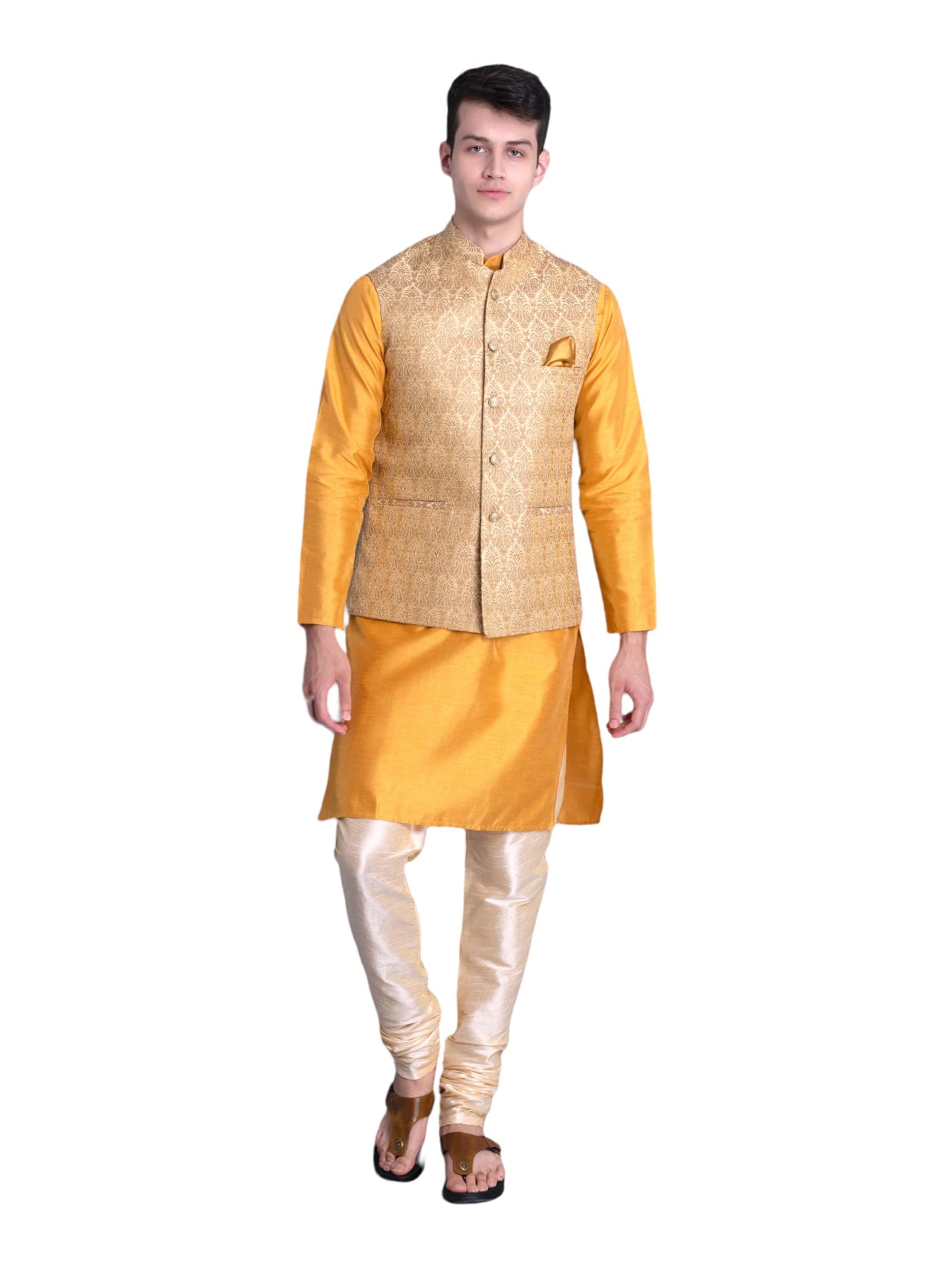 Uri and MacKenzieMen's Silk Blend Regular Kurta Churidar Pyjama with Bundi Nehru Jacket/Waistcoat