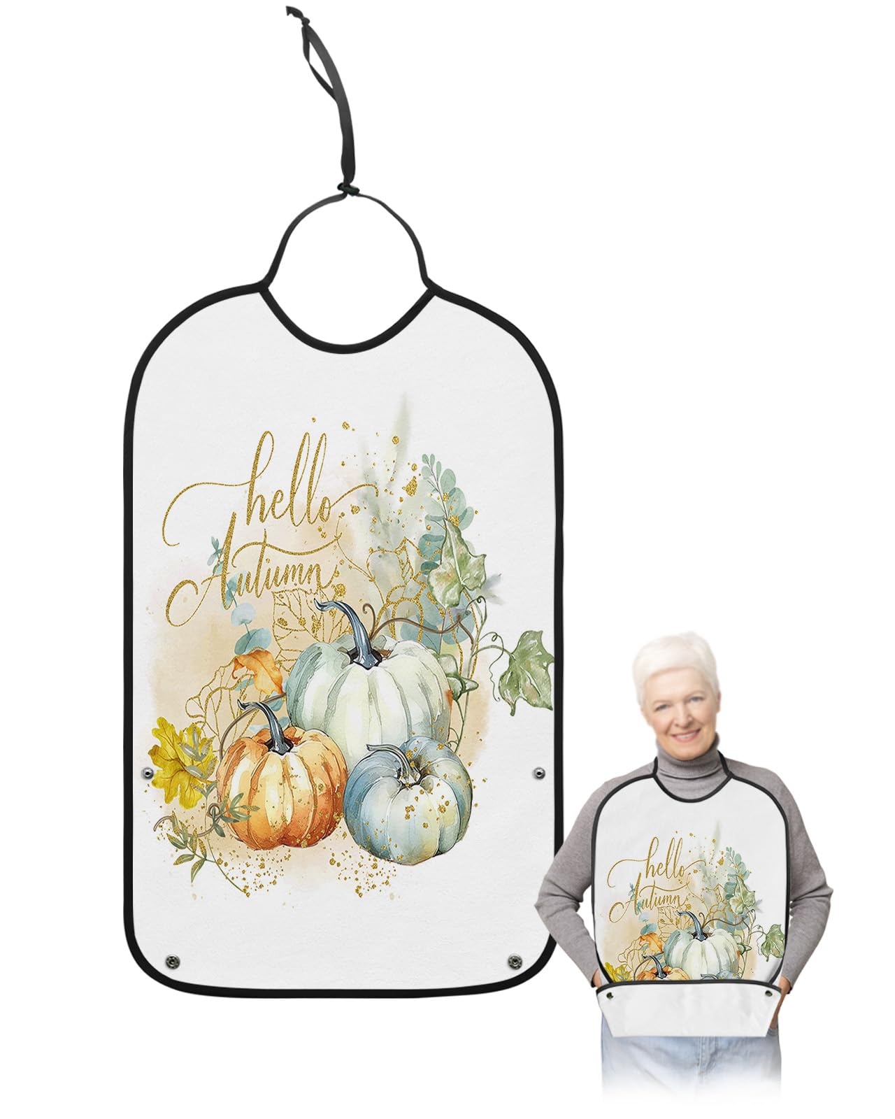 Pumpkin Gold Adult Bib for Eating with Crumb Catcher,Washable & Waterproof Terry Cloth Adjustable Elderly Women Men Adult Bibs Funny Clothing Protector Thanksgiving Elegant Fall Eucalyptus Leaves