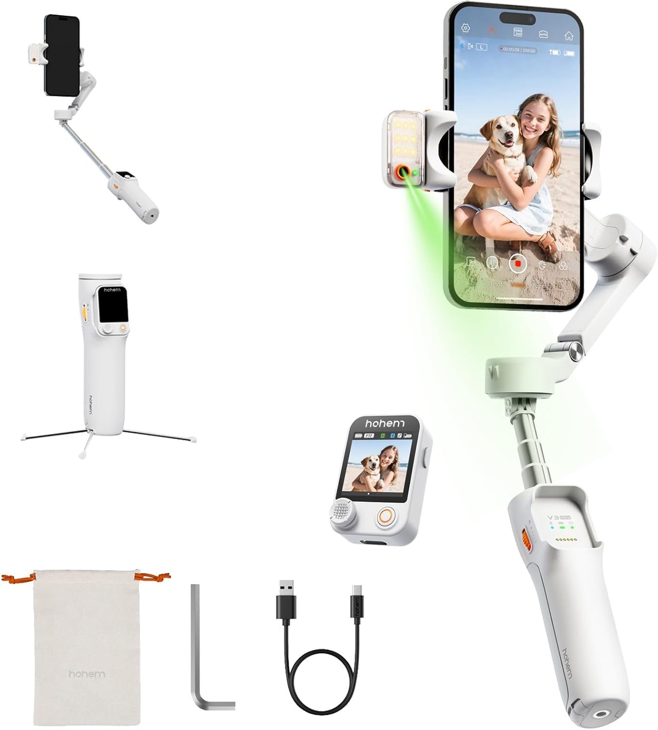 hohem iSteady V3 Ultra - Estabilizador de cardán para iPhone, cardán de teléfono con seguimiento de IA, barra extensible y trípode integrados, luz de relleno, control remoto desmontable, estabilizador