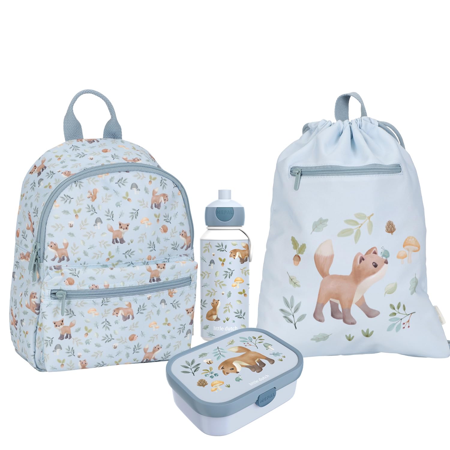 Little Dutch Set Rucksack, Turnbeutel & Brotdose & Trinkflasche Pop-up für Kinder blau - Forest Friends