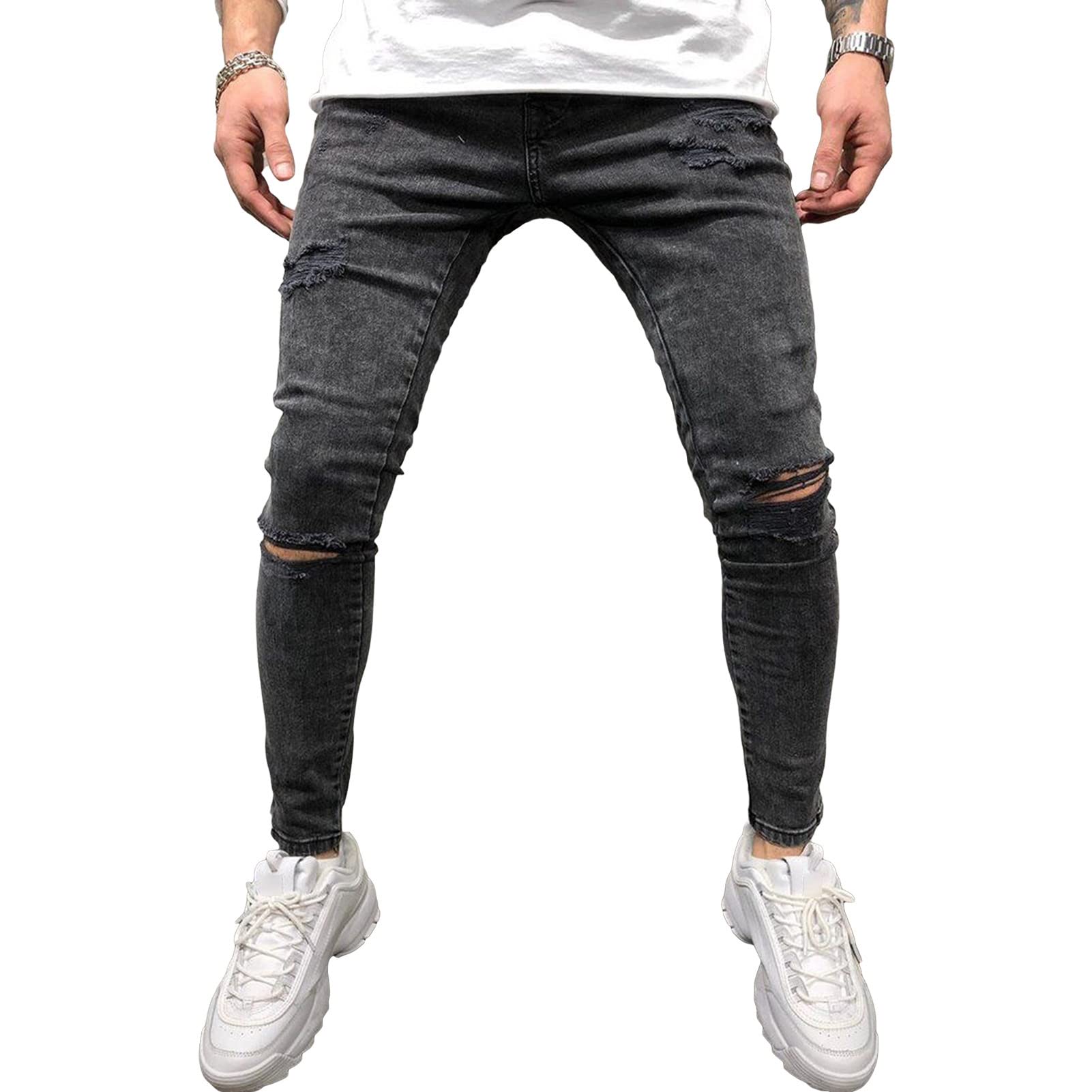 Maiyifu-GJ Mens Ripped Slim Stretch Jeans Distressed Skinny Straight Leg Denim Pants Washed Retro Pencil Jean Trousers