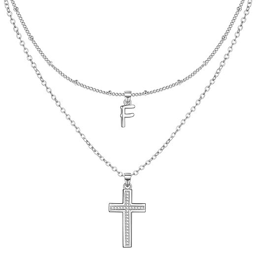 ZENI Dainty Cross Necklaces for Women, Silver Layered Chain Initial L Choker Necklace, Christian Jewelry CZ Cross Faith Communion Baptism Gifts for Girls