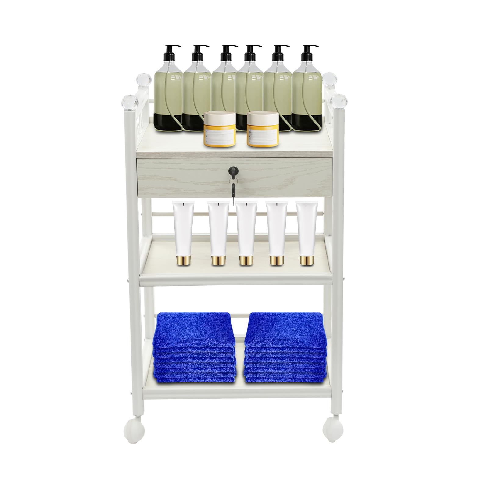 3-Tier Salon Trolley Cart, Wooden Mobile Utility Cabinet Lab Carts with Drawer and Tray, for Beauty Spa, Barber Shops, Nail Salons, Offices, Kitchens, Spas