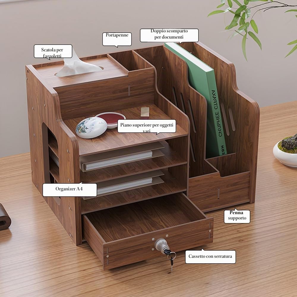 Organizer da scrivania in legno grande capacità formato A4 per ufficio casa scuola JB07-2 legno di noce