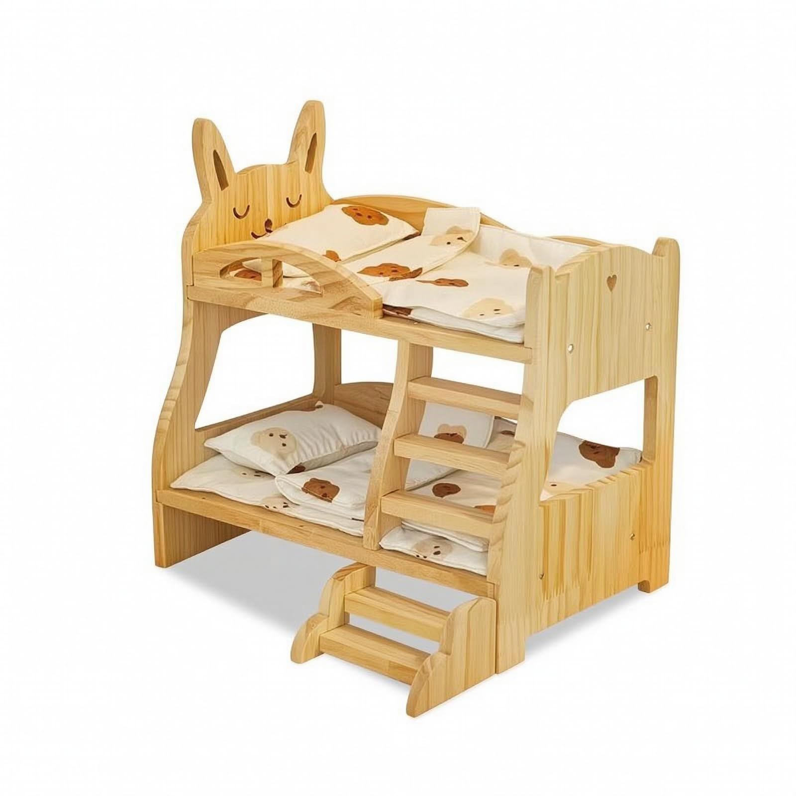 Children Doll Bed Letto a Castello Miniatura Letto Bambole Letto Giocattolo Delle Bambole in Legno di Pino con Frontale, Letto A Castello Con Coniglio + Coperta Orso
