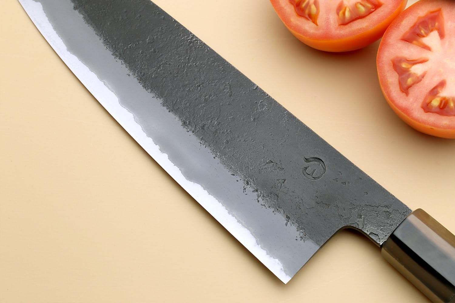 Yoshihiro Hayate Hinoura Kurouchi Black-Forged Blue Steel Stainless Clad Santoku Multipurpose Knife (7" (180mm) & Saya)