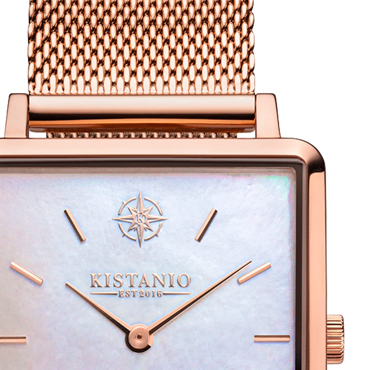 Carre - Reloj plano para mujer con correa milanesa y cristal de zafiro, 26 x 28 mm, diámetro de acero inoxidable, fecha en diferentes variantes, oro rosa/nácar, Pulsera