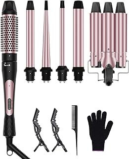 6 in 1 Wand Curling Iron, 3 Barrel Curling Iron Set with Thermal Brush (1.5") and 5 Interchangeable Ceramic Wand Curler (...