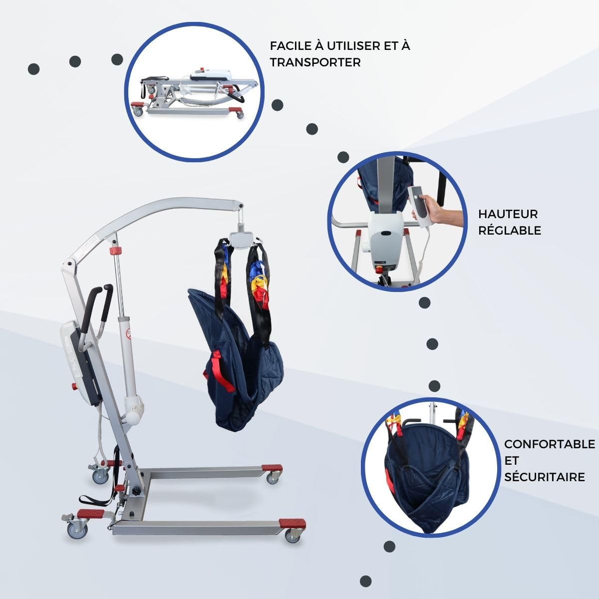 Mobiclinic®, Lève-Personne Électrique pour Personnes Âgées, Pliable, Jusqu'à 180 kg, Structure Pré-assemblée, Harnais de Transfert Inclus, Largeur Réglable, Roues avec Freins, Acier, Fortuna