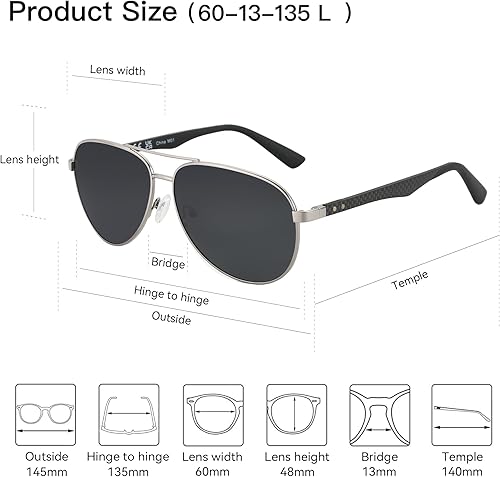 Miniatura 5 de ZENOTTIC - Gafas de sol polarizadas tipo aviador para hombres con patillas de fibra de carbono estilo piloto, lentes espejados y protección UV