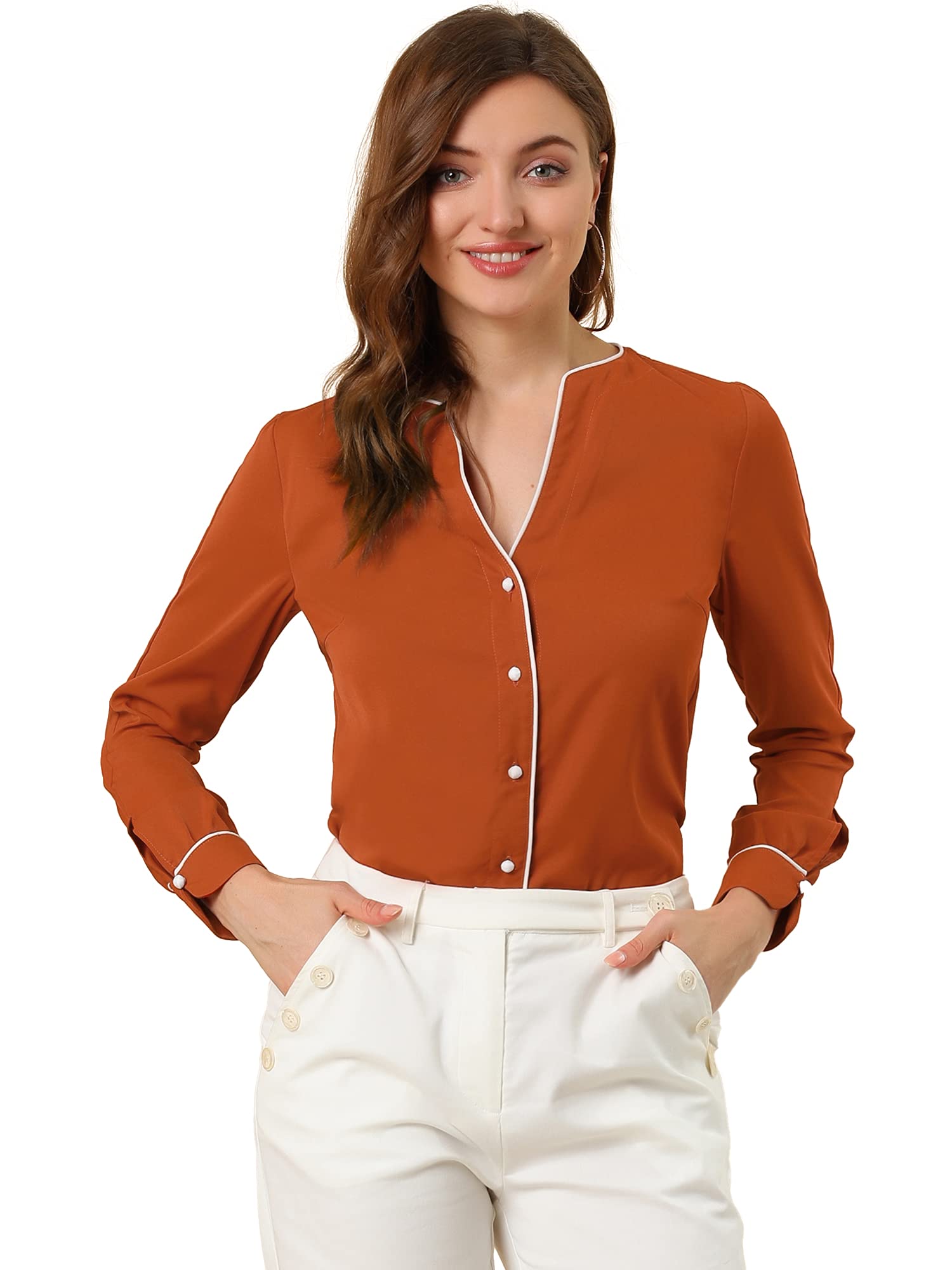 Allegra K Femme Blouse Col V Contrast Piped Manches Longues Boutonnée | Boutonnée devant Galon Contrasté Tissu Texturé Non Doublée Style Facile avec Jean ou Tenue de Soirée