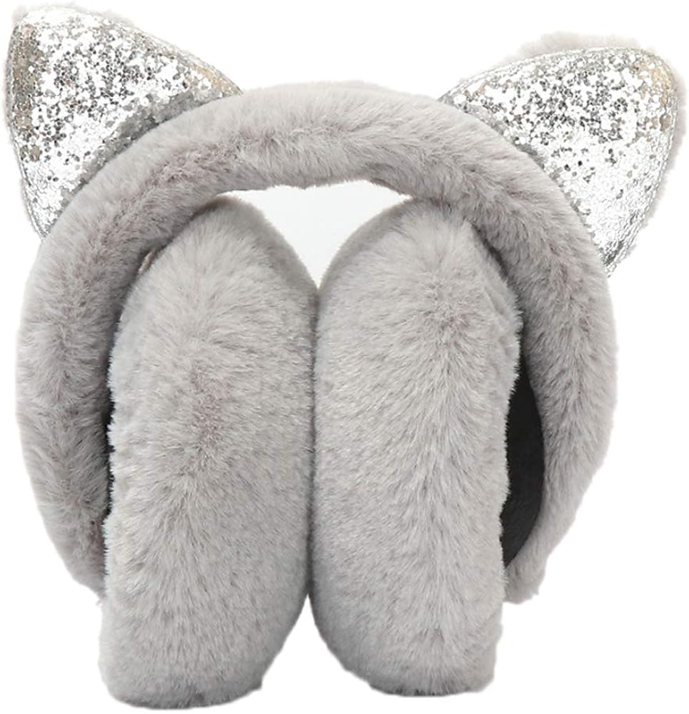 Girls Earmuffs Foldable Cat Ear Earmuffs Plush Ear Warmer Muffs Sequin