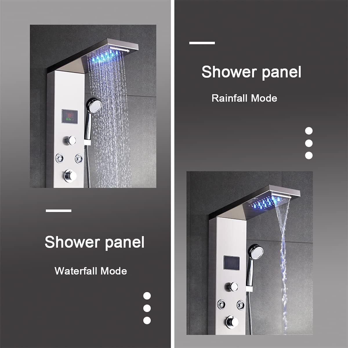 LED Columna de ducha de hidromasaje panel de ducha con 5 funciones de acero inoxidable 304, mezclador de masaje, cabezal de ducha fijo, ducha y boca bañera para baño