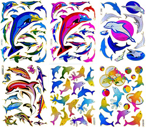 Fish003-6 Sheets Dolphin Stickers Self-adhesive Glitter Metallic Foil Reflective Decorative Scrapbook for Kids - Size 4 X 5.25 Inch./sheet.