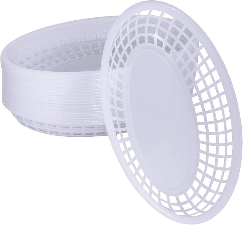 20 Pack Plastic Fast Food Baskets, 8.8" × 5.5" Small Oval Restaurant Serving Baskets Tray for Burgers, Sandwiches, Hot Dogs, Parties, Food Trucks, Reusable or Disposable, Stackable(White)